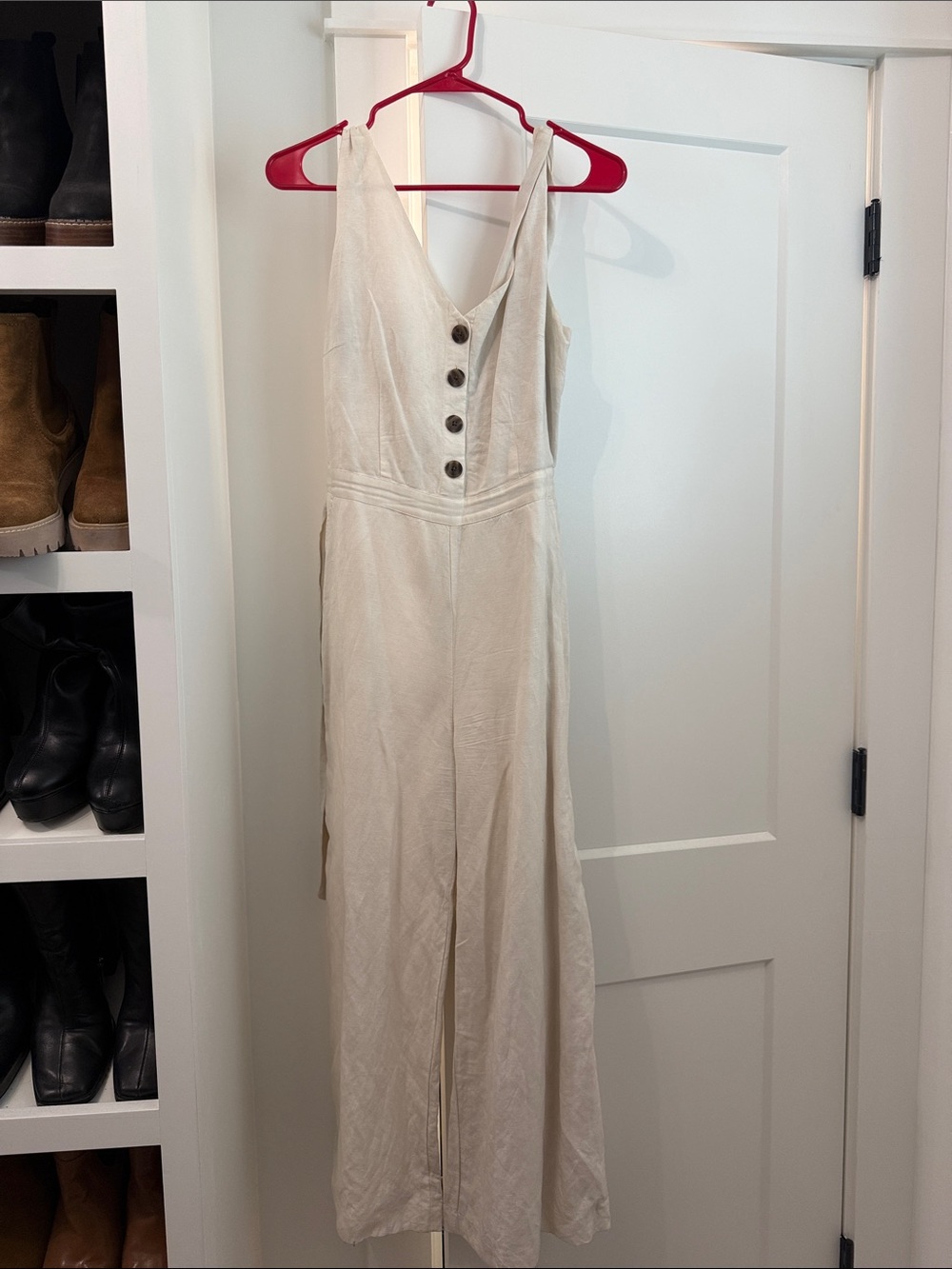 LOFT Cream Button-Front Wide-Leg Jumpsuit